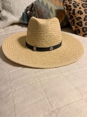 Wide Brim Straw Fedora Hat with Black concho Band